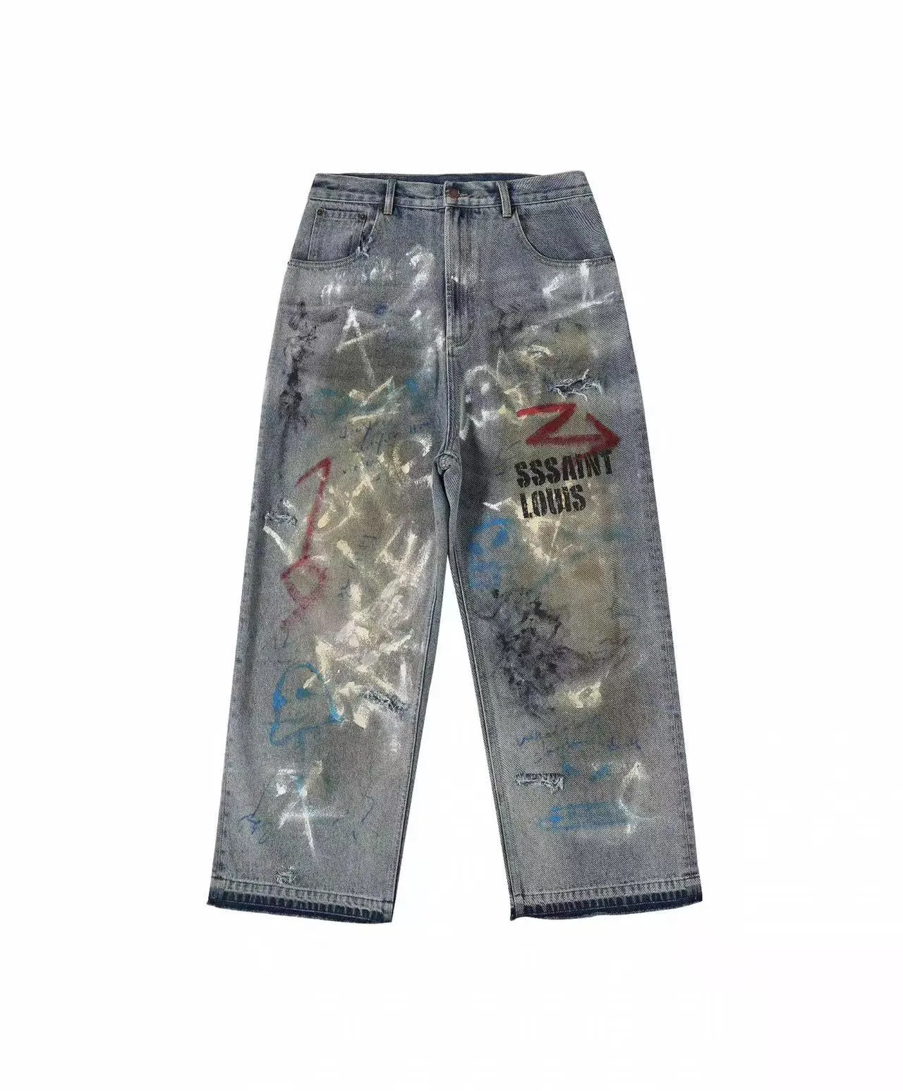 In stock KST755 style washed blue P388 SSSAINT LOUIS 25SS dirty old hand-painted graffiti loose casual pants same style for men and women washed blue code size S-M-L-XL